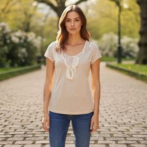 Baraschi Beige Short Sleeve Scoop Neck Relaxed Fit Embroidered Top